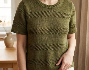 Knit Short Sleeve Sweater Pattern, Textured cable Tee, Summer Top, Women Knitting Pattern PDF