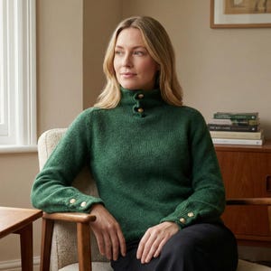 Seabreeze Frill Turtleneck Sweater Knitting Pattern | Top Down, Button Back Neck (PDF Pattern)