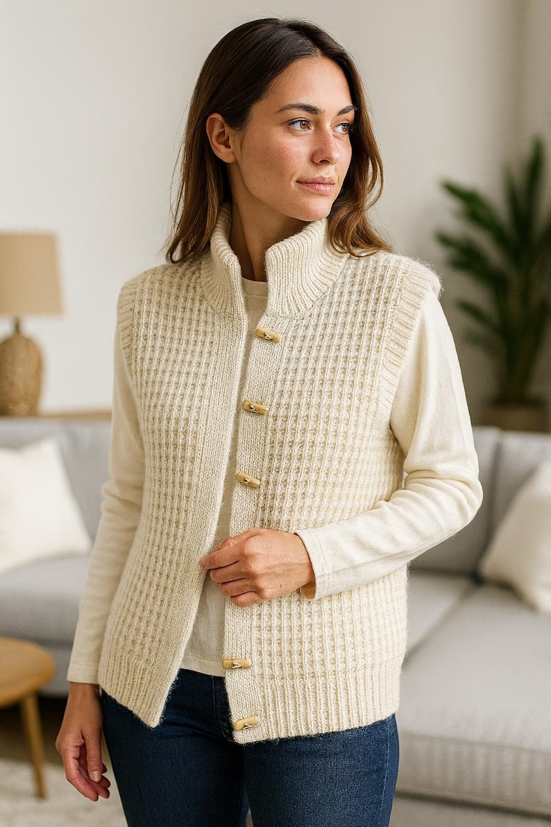 Pu&ograve; includere: Gilet in maglia color crema con collo alto e chiusure a toggle in legno. La maglia strutturata &egrave; indossata sopra una camicia color crema a maniche lunghe e abbinata a jeans blu. Il gilet presenta un motivo a coste verticali.