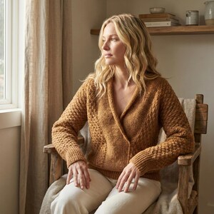 May include: A woman wearing a mustard-colored knit sweater with a wrap-style front and textured pattern. The sweater has long sleeves and is paired with off-white pants. She is seated in a wooden chair near a window with beige curtains.