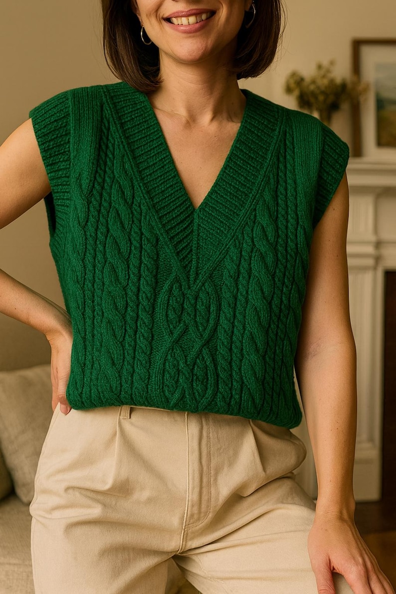 Puede incluir: Un chaleco verde de punto trenzado con cuello en V profundo. La parte superior sin mangas presenta un patr&oacute;n texturizado y se combina con pantalones beige. El estilo general sugiere una est&eacute;tica cl&aacute;sica y preppy, adecuada para combinar capas.