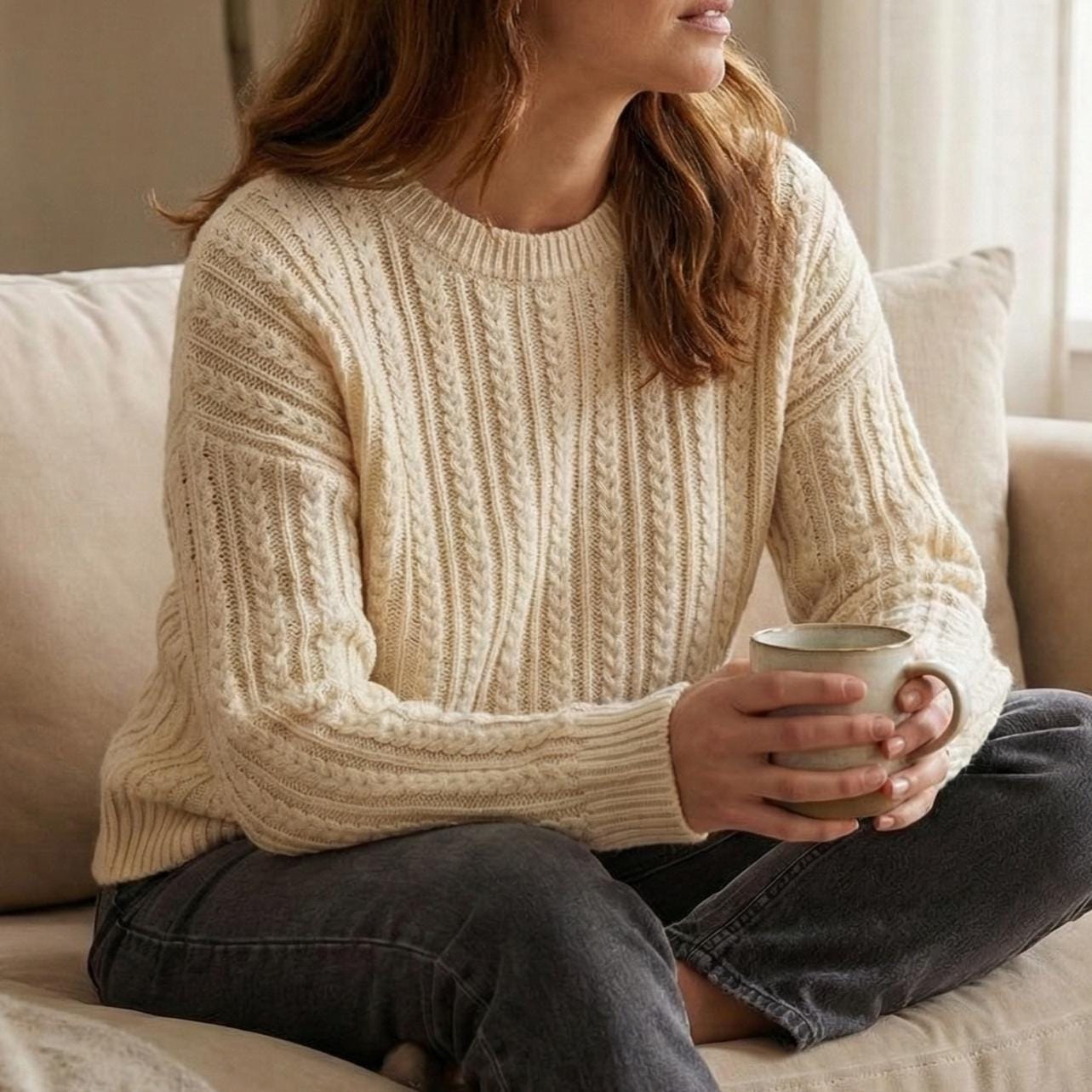 Cable Rib Sweater Knitting Pattern, Classic Crewneck Pullover, Textured ...