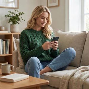 May include: A green cable-knit sweater is worn with blue jeans. The person is sitting on a beige sofa, looking at a smartphone. A wooden coffee table with a book and a mug is in the foreground. The room has a neutral color palette.