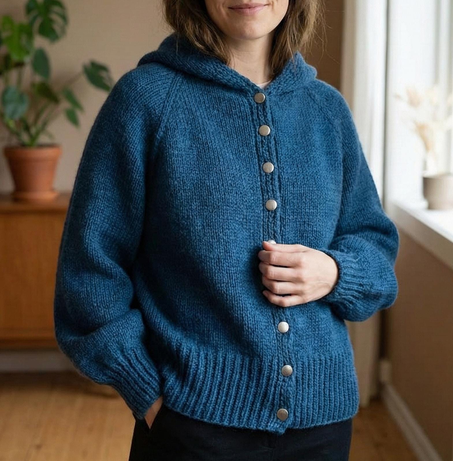 Hooded Cardigan Knitting Pattern, Button Front Hoodie Sweater