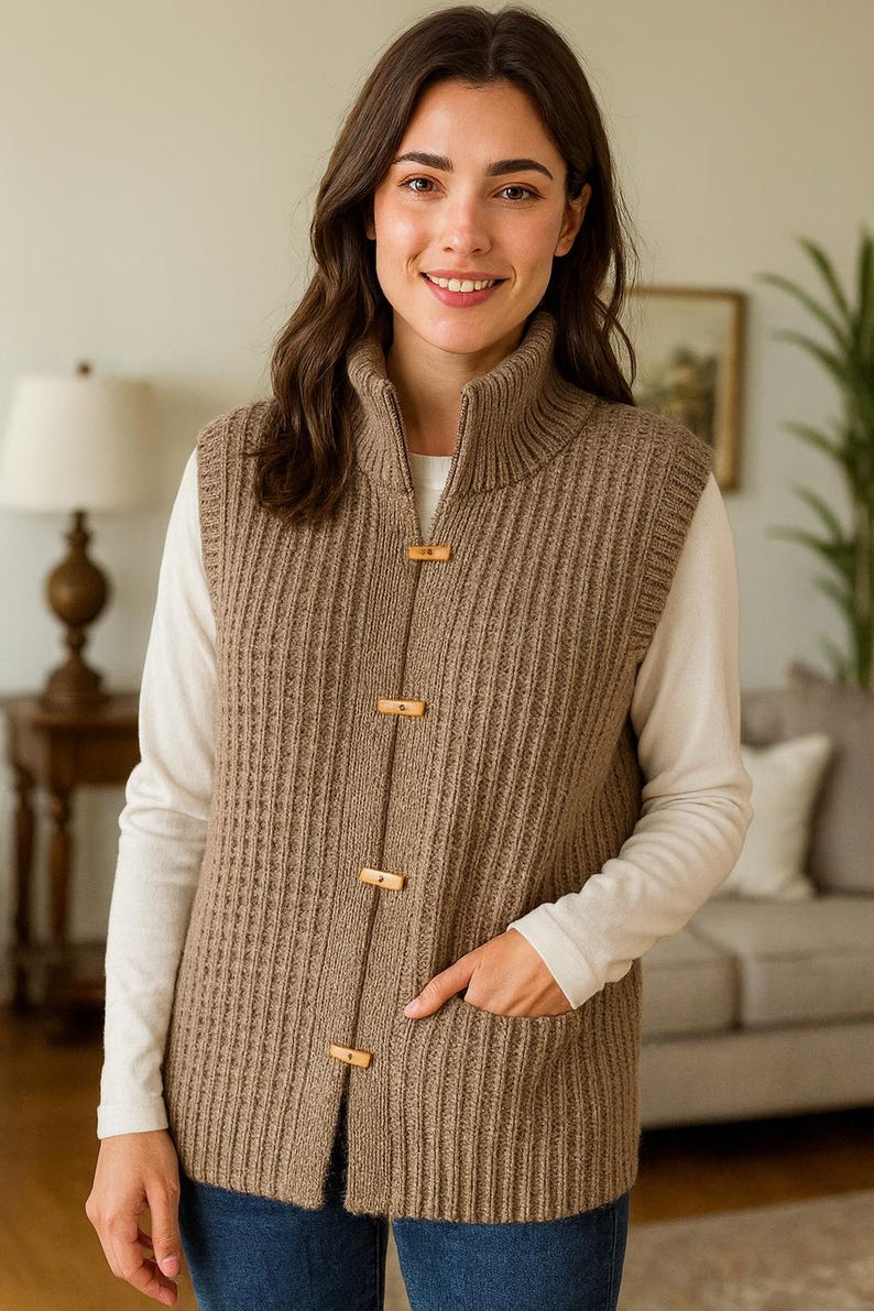 “Front view of sleeveless knitted vest showing button band and ribbed edges.”
