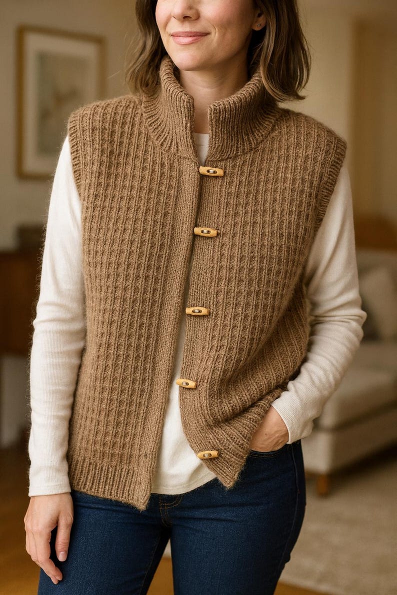 “Close-up of ribbed collar and textured stitch pattern on handmade button-up knit vest.”