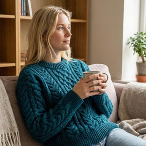 Può includere: Un maglione lavorato a trecce color verde acqua con scollo tondo. Il maglione ha un motivo strutturato e viene indossato mentre si tiene una tazza. La persona è seduta su un divano con una coperta e una pianta sullo sfondo.