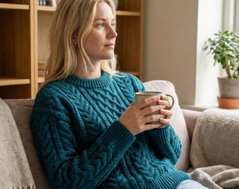 May include: A teal cable-knit sweater with a crew neck. The sweater has a textured pattern and is being worn while holding a mug. The person is sitting on a sofa with a blanket and a plant in the background.