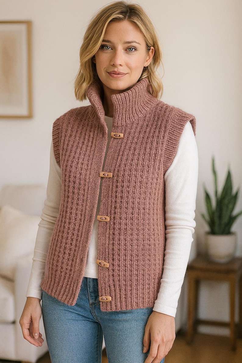 “Woman wearing a textured rose-colored knitted vest with high collar and wooden buttons over a white long-sleeve top.”