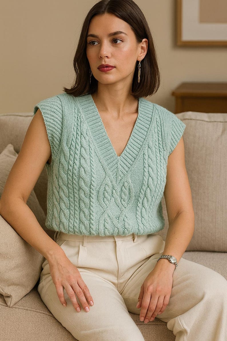 Puede incluir: Un chaleco de punto verde claro con cuello en V y dise&ntilde;o de punto trenzado. La parte superior sin mangas se usa con pantalones color crema. El chaleco es de un color verde suave y apagado. La modelo lleva un reloj plateado.
