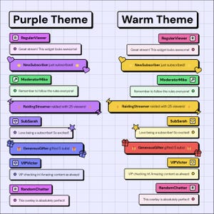 May include: Two sets of streaming overlay widgets, one with a purple theme and the other with a warm theme. Each theme includes widgets for regular viewers, new subscribers, moderators, raiders, and gifters. The text includes phrases like "Great stream!" and "Amazing content."