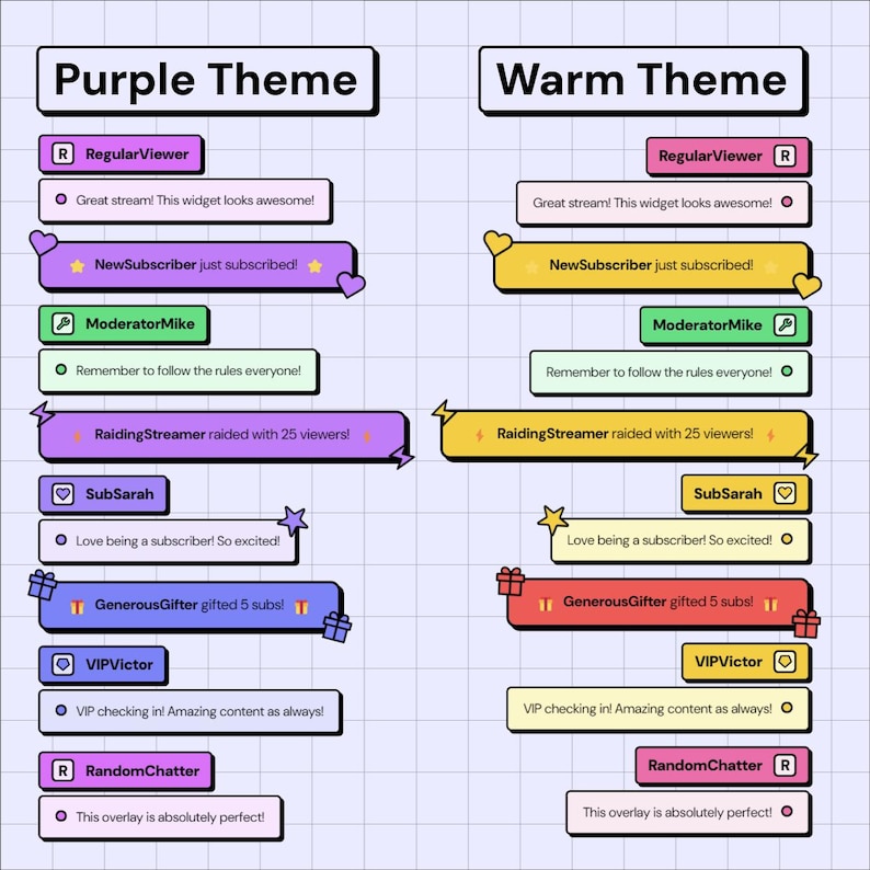 May include: Two sets of streaming overlay widgets, one with a purple theme and the other with a warm theme. Each theme includes widgets for regular viewers, new subscribers, moderators, raiders, and gifters. The text includes phrases like "Great stream!" and "Amazing content."