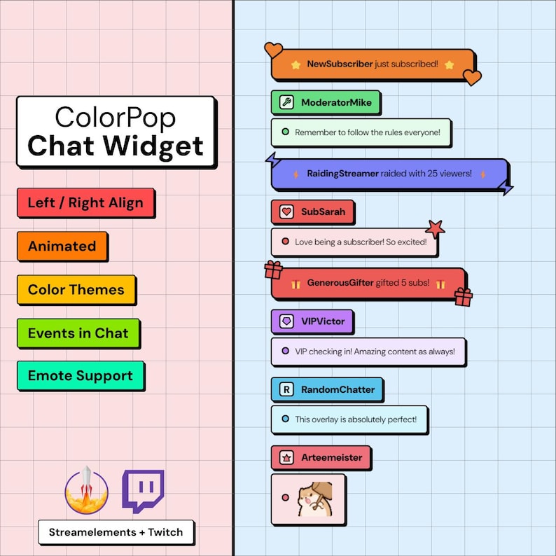 May include: A digital graphic showcasing a "ColorPop Chat Widget" with features like left/right alignment, animation, and color themes. Chat messages include "NewSubscriber," "ModeratorMike," and "RaidingStreamer."