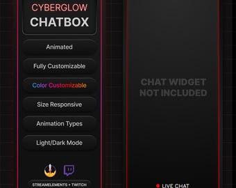 May include: A digital interface design for a chatbox, featuring a black and pink color scheme. The left panel displays features like "Animated," "Fully Customizable," and "Color Customizable." The right panel shows a chat widget with the text "CHAT WIDGET NOT INCLUDED."