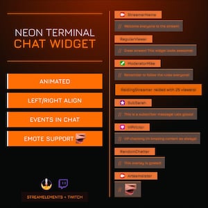 Widget de discussion Twitch pour terminal néon | Boîte de discussion animée StreamElements pour OBS | Superposition de support pour les émoticônes et les événements pour les streamers