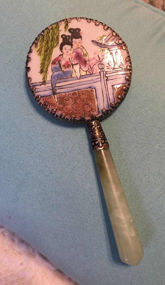 Vintage Asian hand painted hand mirror