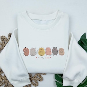 Happy Cat Embroidered Sweatshirt, Cute Cat Embroidered Shirt, Hoodie, Animal Embroidered Tee, Cat Lover T-shirt, Cat Moms Tee