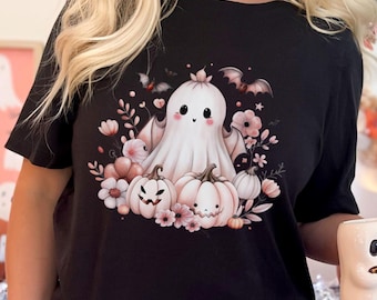 Pink Coquette Ghost Halloween Shirt, Cute Halloween Shirt, Girly Spooky Season Shirt, Pink Ghost and Pumpkin Graphic Tee, Girly Fall Shirt