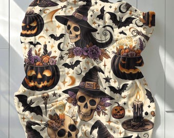 Halloween Blanket, Spooky Velveteen Plush Blanket, Pumpkins Skulls Bats & Witch Hats, Halloween Home Decor, Cozy Fall Throw Blanket Couch