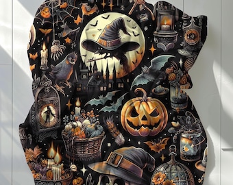 May include: A black throw blanket featuring a repeating Halloween pattern with orange pumpkins, witch hats, bats, spider webs, lit candles, lanterns, and a silhouette of a haunted house against a large full moon, all rendered in a detailed graphic style.