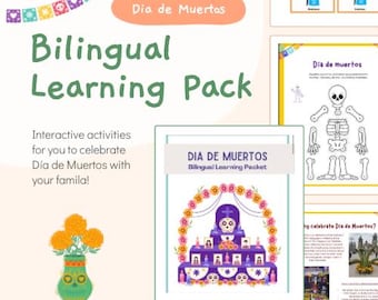May include: A colorful bilingual learning pack for Dia de Muertos. The image features a decorative altar, a skeleton, and a vase of orange flowers. Text includes "Dia de Muertos" and "Bilingual Learning Pack."