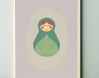 Decoración infantil con matrioshka verde, estilo de muñeca rusa (descarga digital)