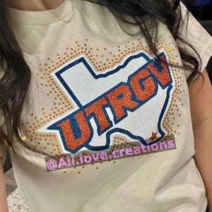 UTRGV Glitter Vinyl layered Rhinestone T-Shirt Orange