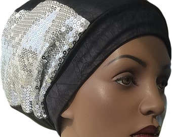 Sequin Beanie Hat Silver Black Medium to Large