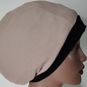 Women&#39;s Beanie Beige & Black: Rib Jersey Knit Dread Hat — Medium