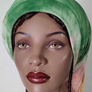Jersey Knit Tie Dye Dreadlocks Tube Hat: Green, Yellow & Pink Dreads Beanie Wrap - MEDIUM