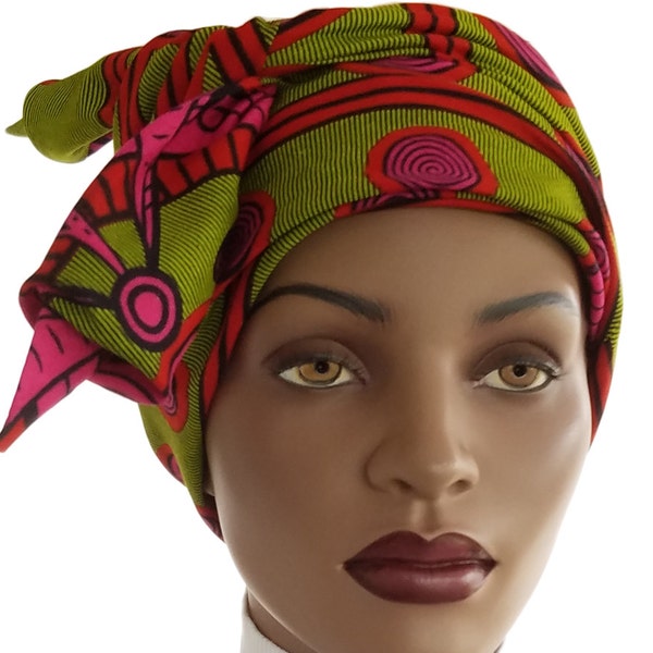 African Hat Head Wrap Scarf Genuine Wax Cotton Pink Green Swirl Satin Lined Chemo Hat Natural Hair Wrap Scarf Easy Wrap Turban Handmade