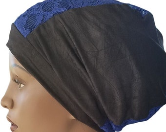 Beanie Hat Black Jersey Blue Lace