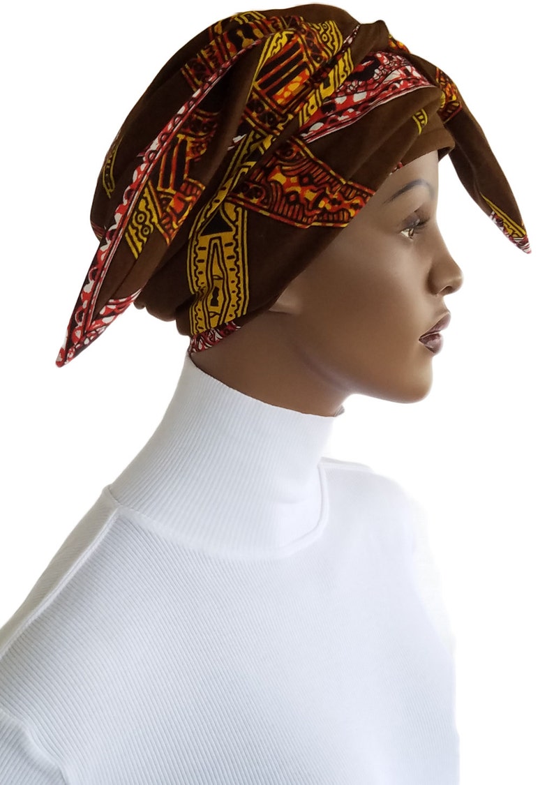 African Head Hat Hair Wrap Scarf Cotton Brown Orange Yellow Etsy