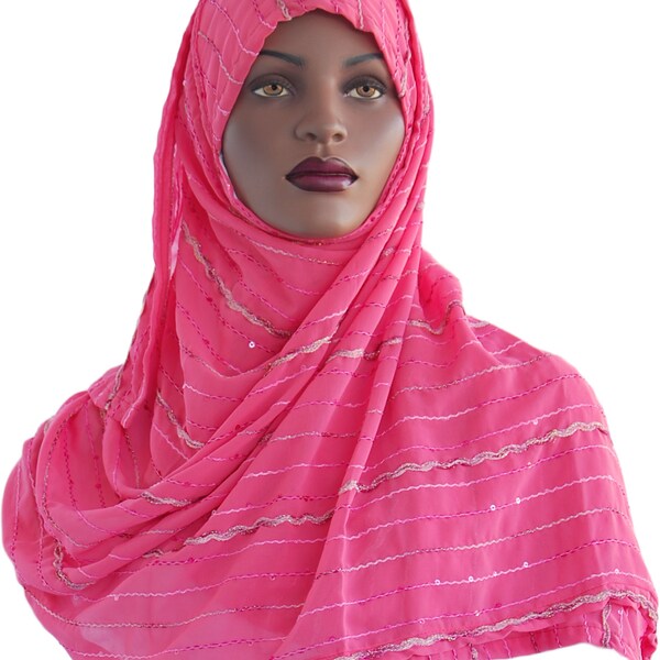 Pink Ready to Wear Hijab Scarf Hooded Hijab Scarf Sequins and Ric Rac Embellished Scarf With White Hood Handmade