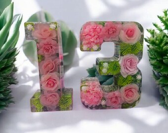 Custom Floral Resin Number: Personalized Keepsake Decor with Optional LED Lights