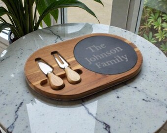 Engraved Acacia Wood Charcuterie Board: Personalized Family Name Gift