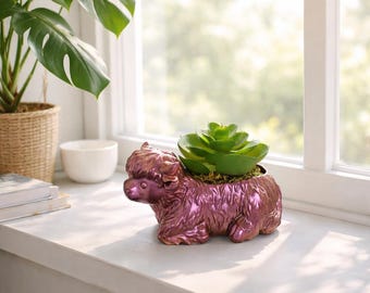 Handcrafted Highland Cow Planter: Iridescent Metallic Resin Succulent Pot – Boho Home Decor