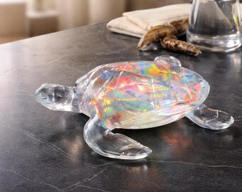 Handmade Iridescent Resin Turtle Sculpture: Holographic Ocean Art Coastal Decor