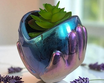 Iridescent Resin Hands Planter: Unique Succulent Holder, Spiritual Decor