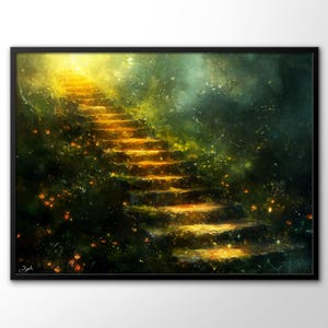May include: A painting of a stone staircase leading up into a forest. The steps are illuminated by a bright light, and the forest is filled with green foliage and orange flowers.