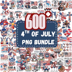 Puede incluir: Un conjunto de 600 gráficos PNG del 4 de julio. Las imágenes presentan diseños patrióticos, incluyendo banderas, animales y texto. La paleta de colores es roja, blanca y azul, con varias ilustraciones y elementos de texto.