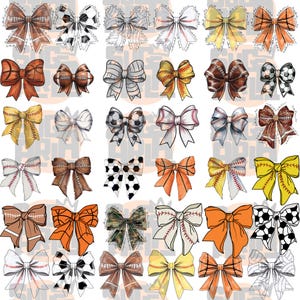 May include: A collection of decorative bows with various sports themes. The bows feature designs inspired by baseballs, basketballs, soccer balls, and footballs. The bows are in shades of brown, orange, yellow, white, and black.