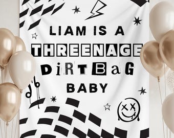 Threenage Dirtbag-verjaardagsbanner, Threenager-feestdecor, rock n Roll 3e verjaardagsbanner met naam, grappig derde verjaardagsteken