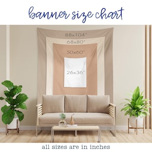 May include: A banner size chart displays four rectangular banners of varying sizes: 88x104 inches, 68x80 inches, 50x60 inches, and 26x36 inches. The text "banner size chart" is written in cursive. The phrase "all sizes are in inches" is at the bottom.