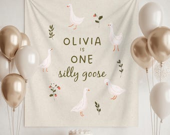 Verjaardagsbanner One Silly Goose: gepersonaliseerde banner 1e verjaardag, aangepaste naam feestdecor