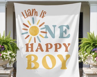 Banner One Happy Boy eerste verjaardag: gepersonaliseerd met aangepaste naam, feestdecor