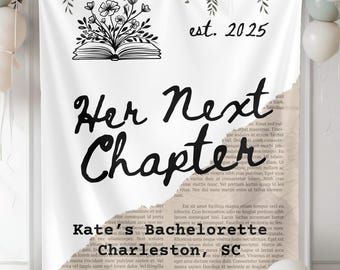 Banner Her Next Chapter: boekthema, aanpasbaar vrijgezellenfeestdecor