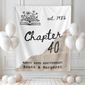 May include: A white banner with the text "Chapter 40" and "Happy 40th Anniversary Scott & Margaret". The banner has a floral design and the text "est. 1986". White balloons are in the foreground.