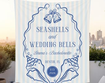 Banner schelpen en bruiloftsklokken, strand vrijgezellenfeest, Coastal Bach-feestdecor, aanstaande bruid
