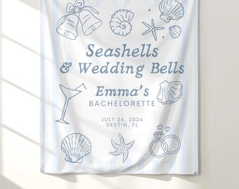 Banner schelpen en bruiloftsklokken, strand vrijgezellenfeest, Coastal Bach-feestdecor, aanstaande bruid